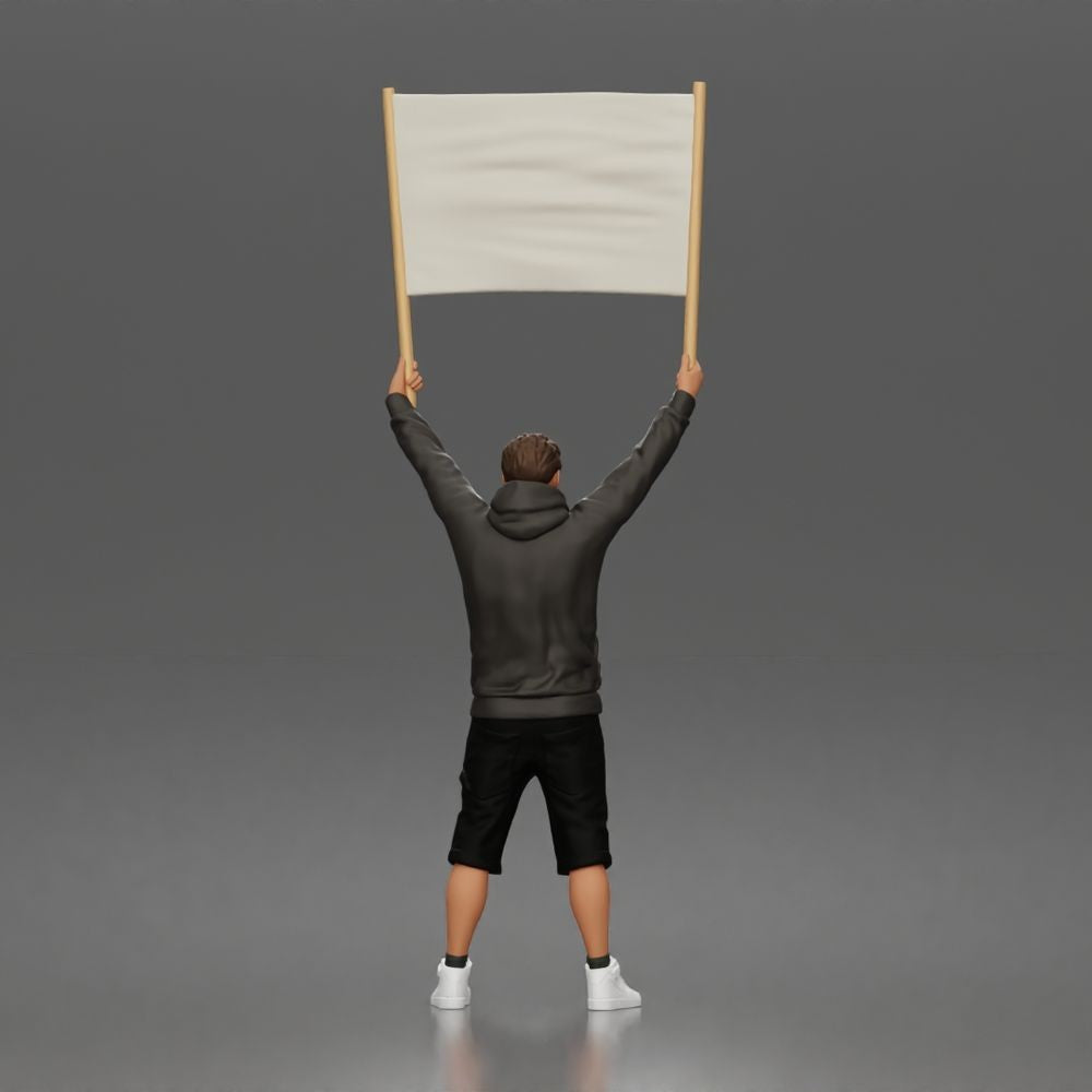 Diorama model-making product photo 3: Standing figure: protester with blank banner, hoodie & shorts (a178)