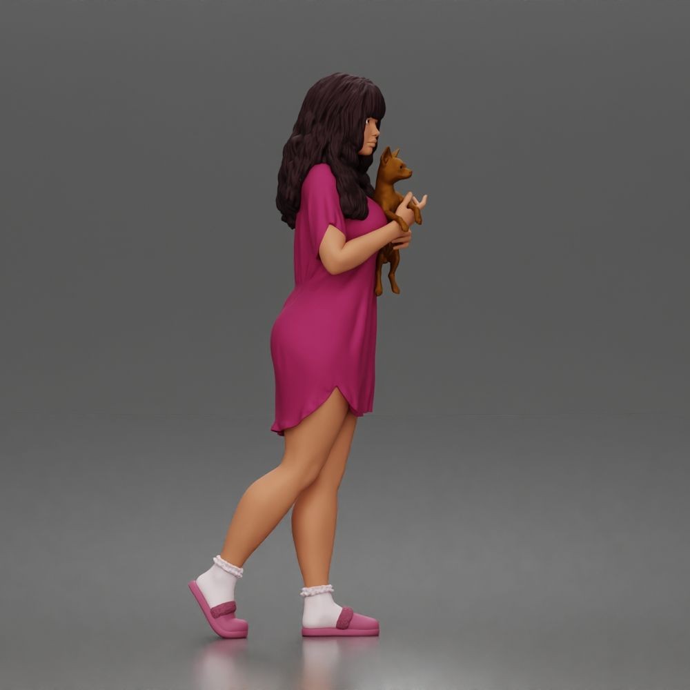 Diorama model-making product photo 3: Standing figure: woman in a nightgown holding a small dog (a183)