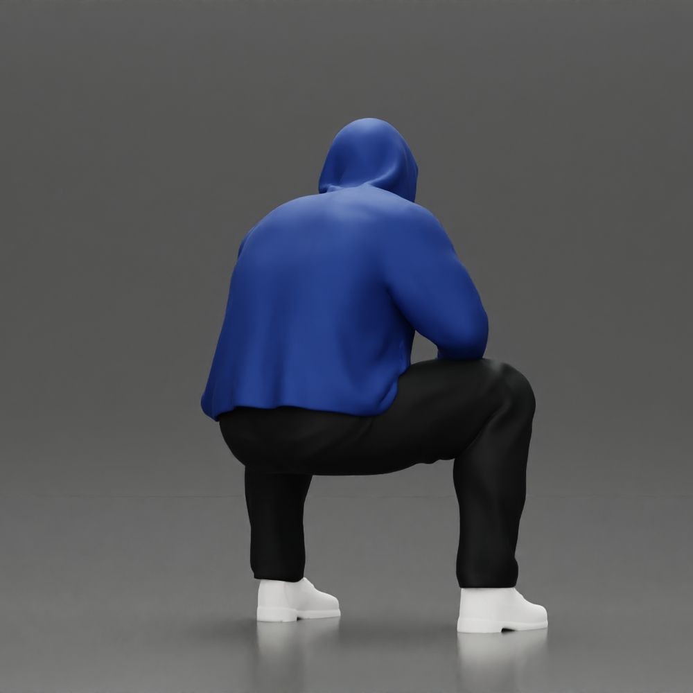 Diorama model-making product photo 4: Kneeling figure: Crouching man wearing a hooded jacket with hand on face (a163)