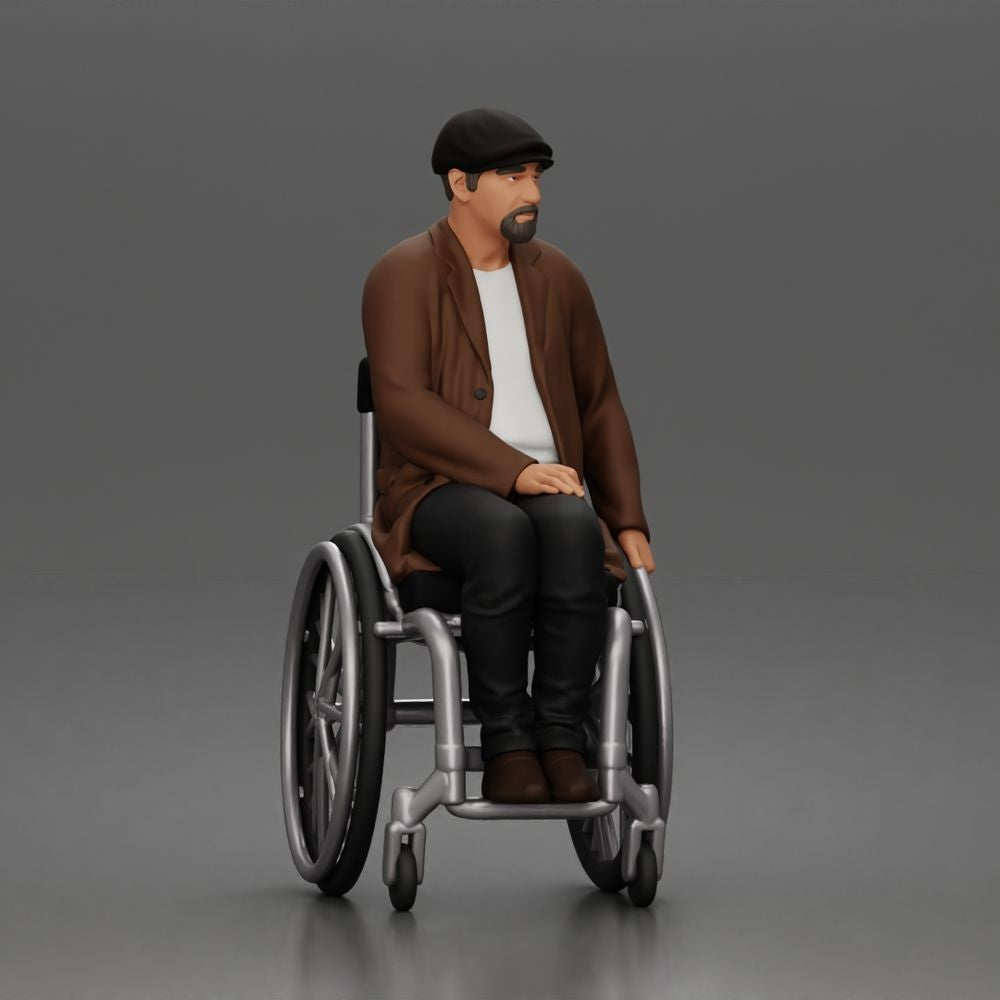 Diorama Modellbau Produktfoto 3: Sitzende Figur: Älterer Mann im Rollstuhl mit Mantel (a209)