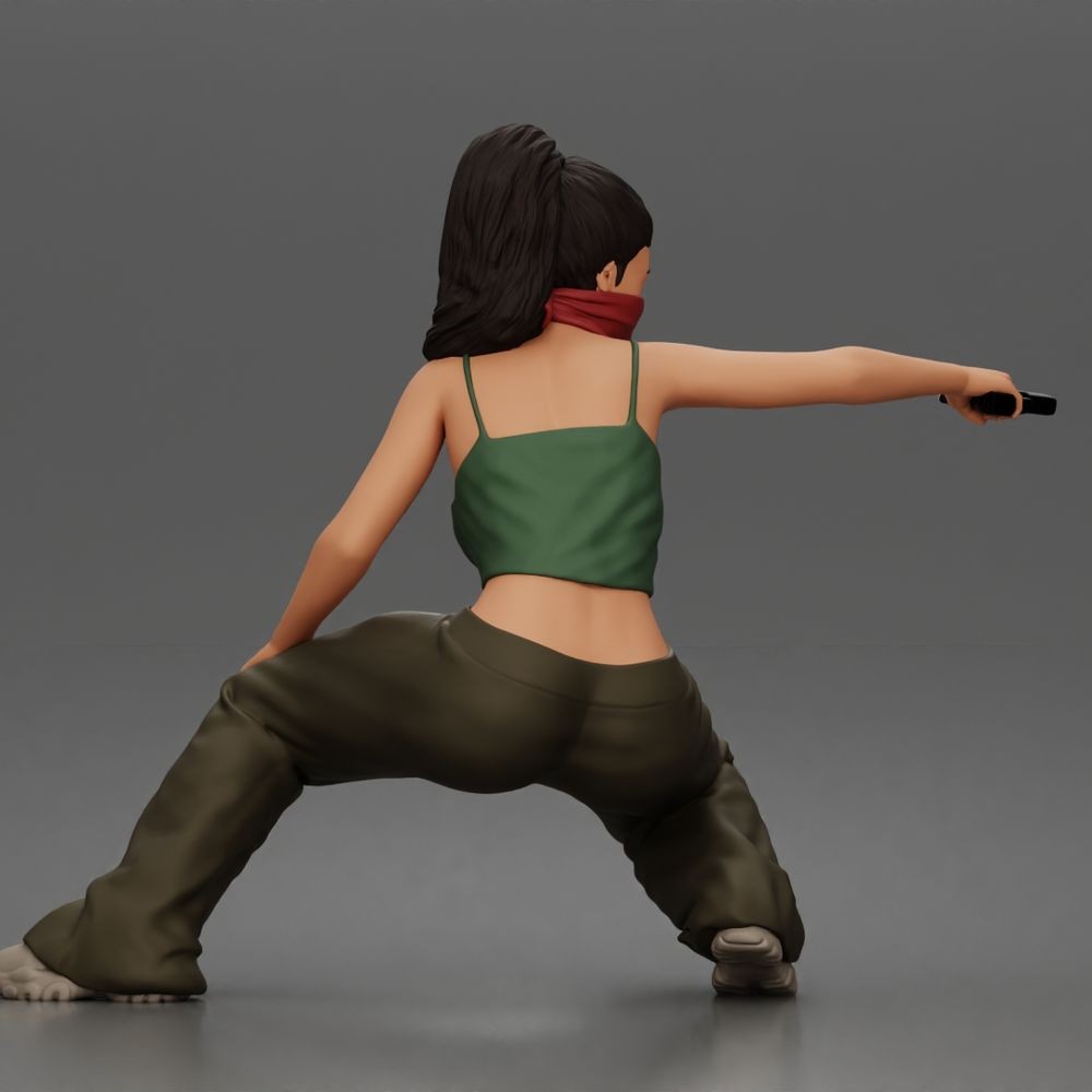 Diorama model-making product photo 3: Diorama figure: Crouching masked woman with pistol, crop top & baggy trousers (a169)