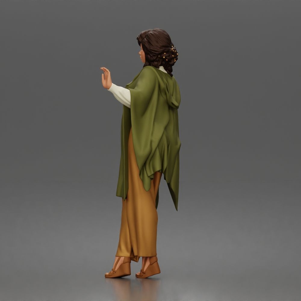 Diorama model-making product photo 4: Standing female figure with raised hand, flowing cape & platform shoes (a174)