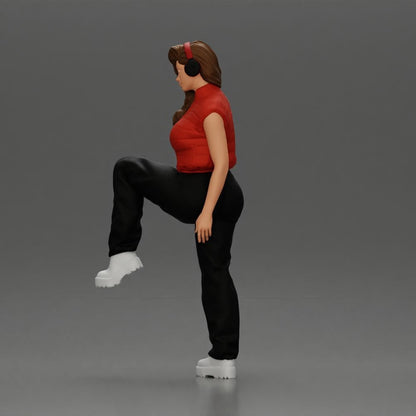 Diorama model-making product photo 5: Standing female figure with headphones and a loose streetwear outfit, leg raised (a164)