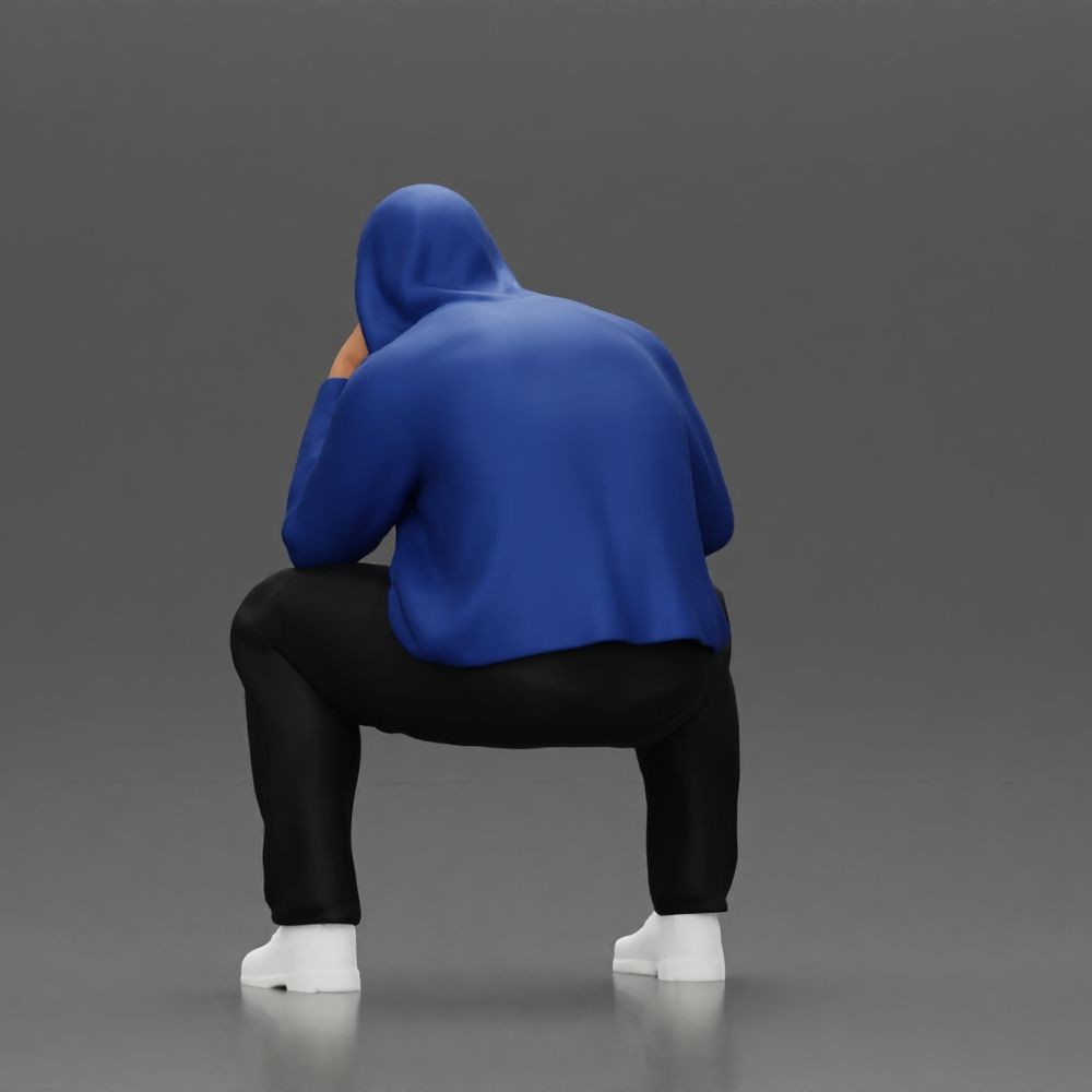 Diorama model-making product photo 5: Kneeling figure: Crouching man in a hoodie with hand on face (a163)