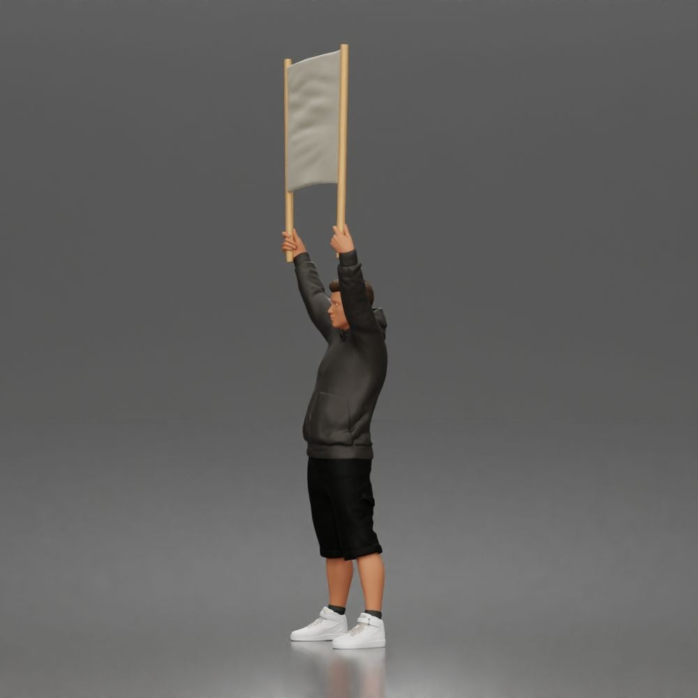 Diorama model-making product photo 4: Standing figure: protester with blank banner, hoodie & shorts (a178)