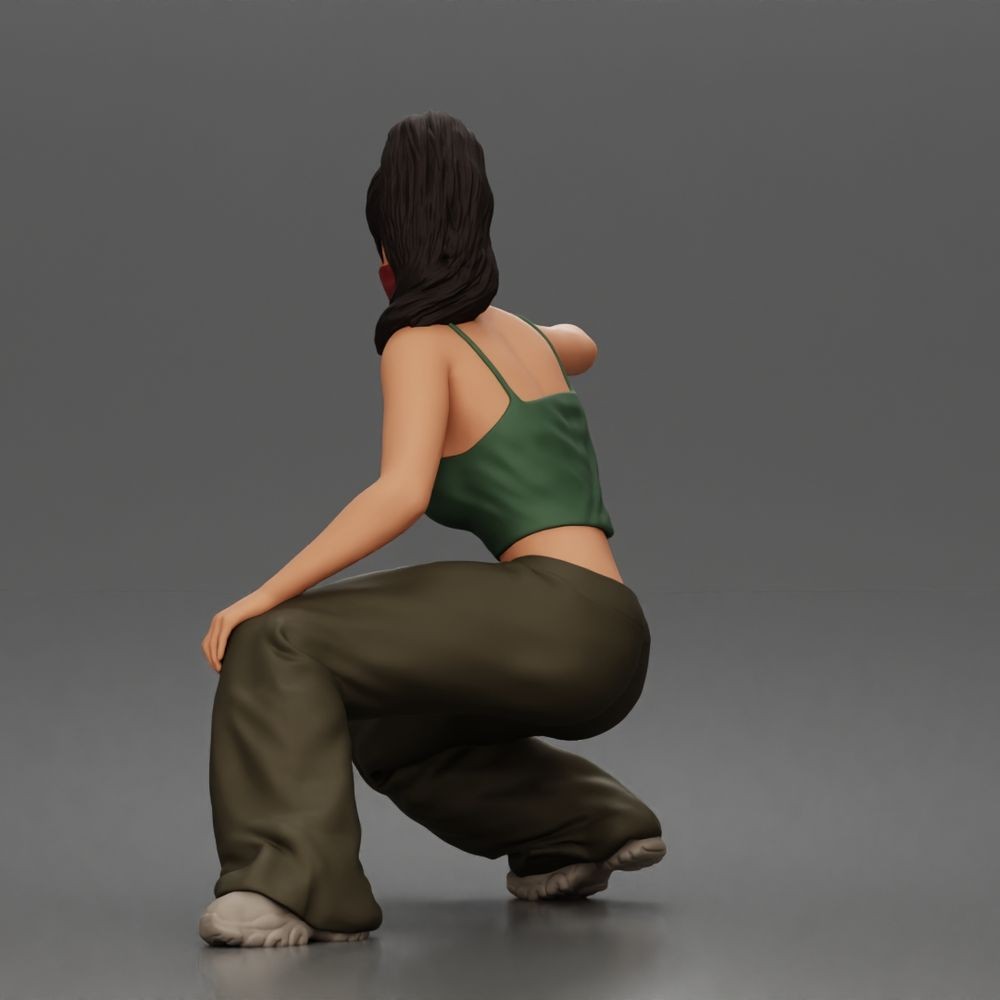Diorama model-making product photo 4: Diorama figure: Crouching masked woman with pistol, crop top & baggy trousers (a169)