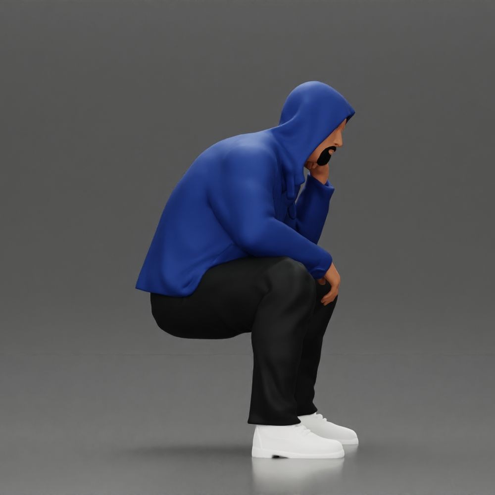 Diorama model-making product photo 6: Kneeling figure: crouching man in a hooded jacket with hand on face (a163)