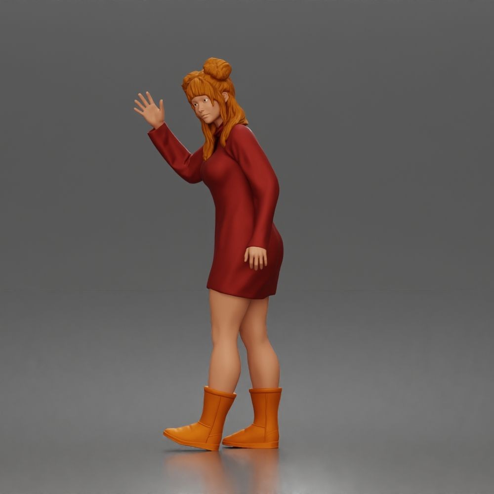 Diorama model-making product photo 5: Standing figure: Waving woman hailing a taxi, wearing a long-sleeved dress & boots (a204)