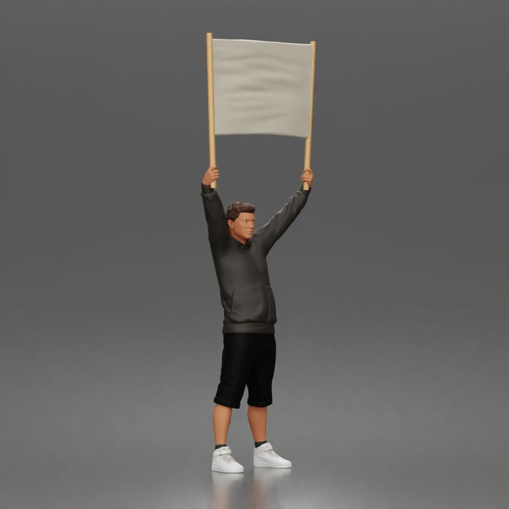 Diorama model-making product photo 5: Standing figure: protester with blank banner, hoodie & shorts (a178)