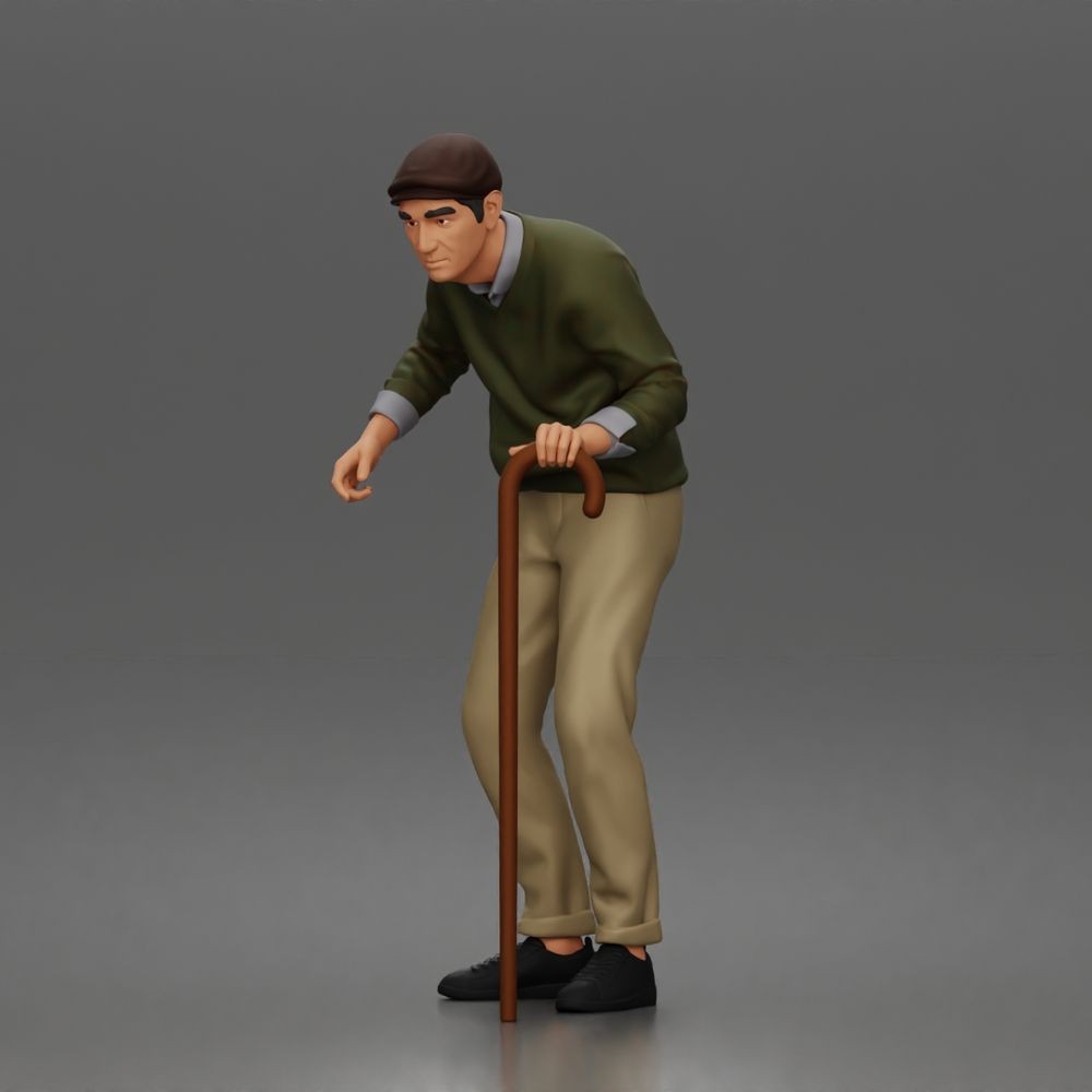 Diorama Modellbau Produktfoto 6: Stehende Figur: Älterer Mann mit Gehstock & Pullover (a168)
