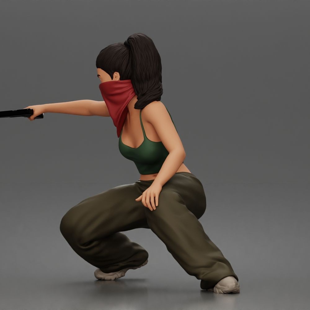 Diorama model making product photo 5: Diorama figure: Crouching masked woman with pistol, crop top & baggy trousers (a169)