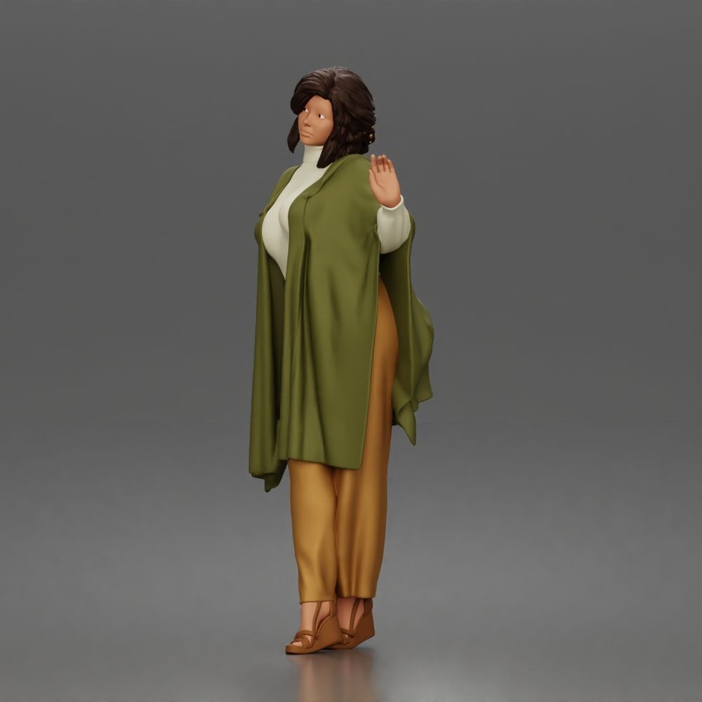 Diorama model-making product photo 5: Standing female figure with raised hand, flowing cape & platform shoes (a174)