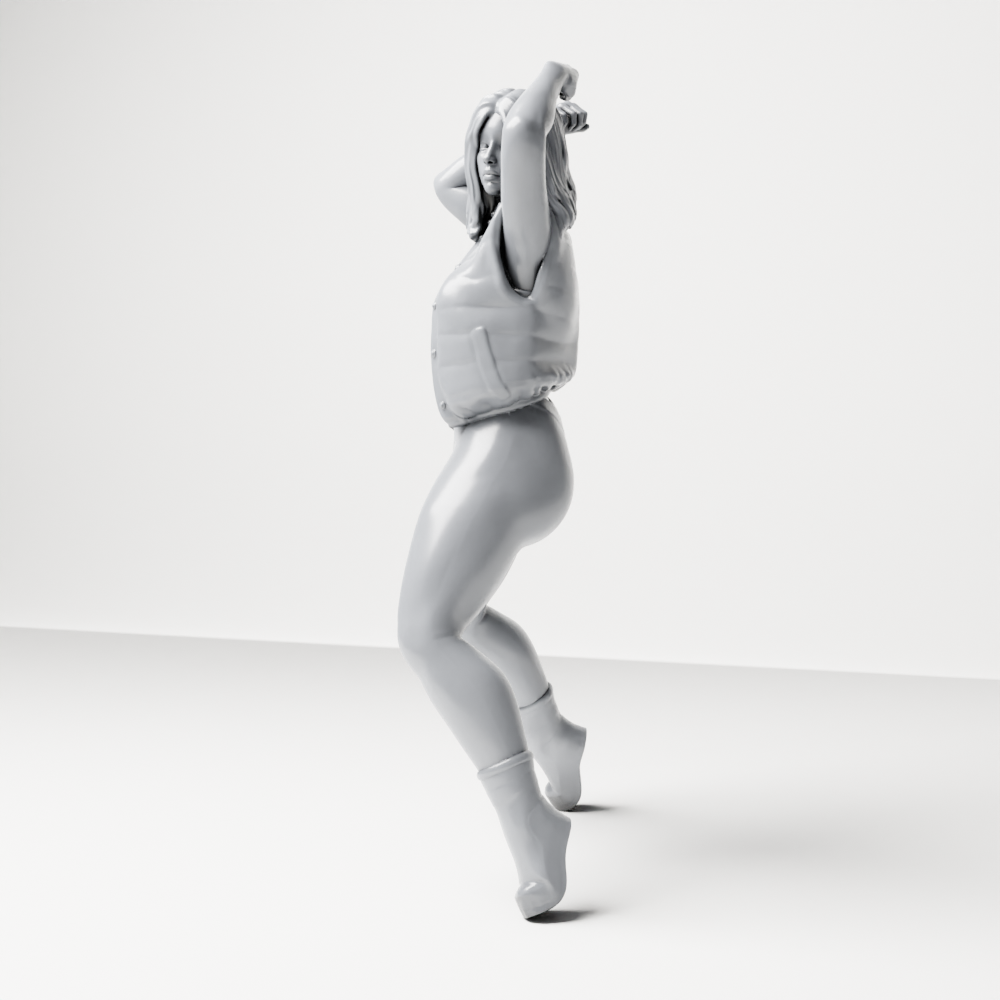 Diorama model-making product photo 7: Standing figure: woman in a jumpsuit with raised arms (a155)