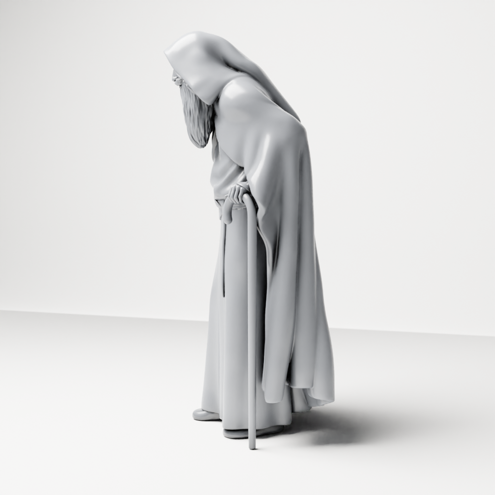 Diorama model-making product photo 6: Standing figure: Bearded wanderer with hooded cloak, robe & staff (a189)