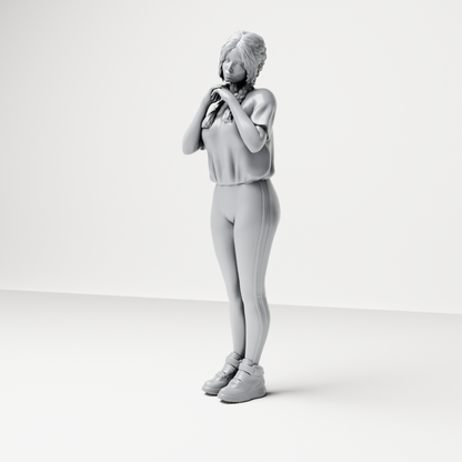 Diorama model-making product photo 6: Standing female figure with braided hair, T-shirt, leggings & sneakers (a194)