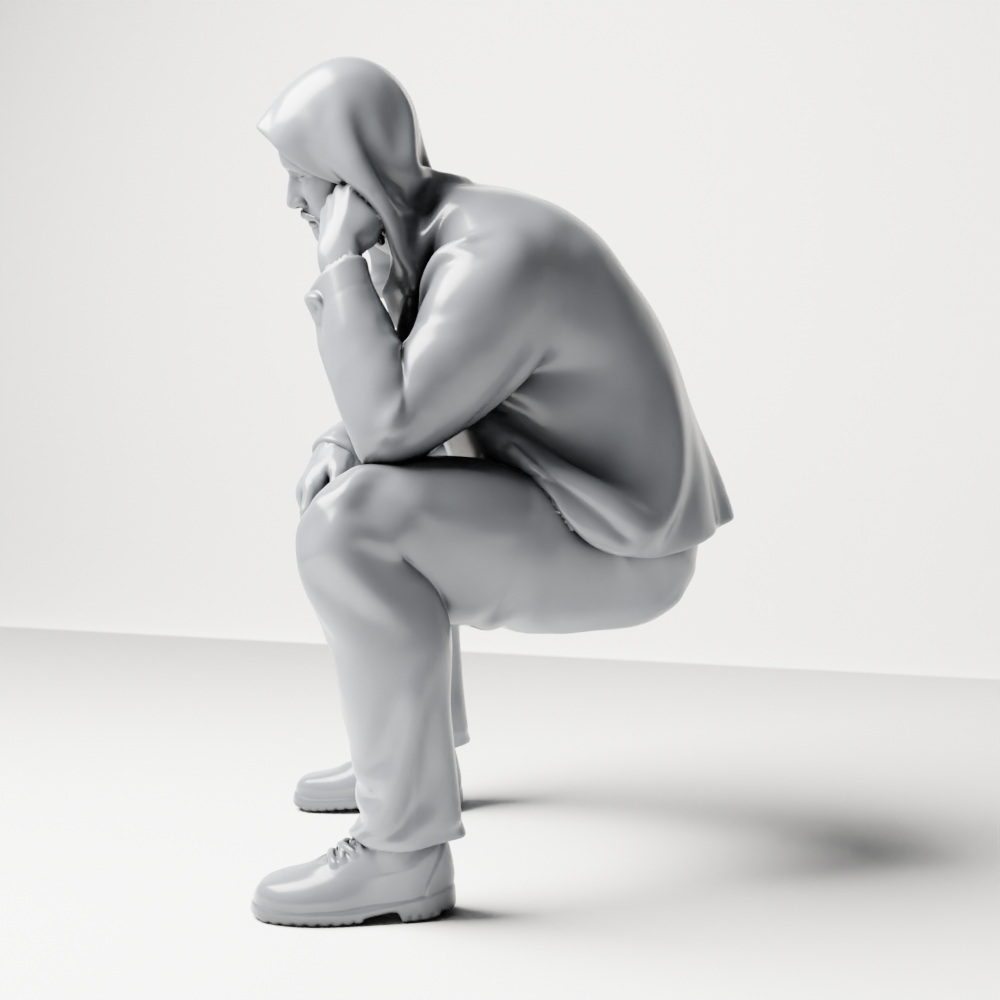 Diorama model-making product photo 7: Kneeling figure: crouching man in a hooded jacket with hand on face (a163)