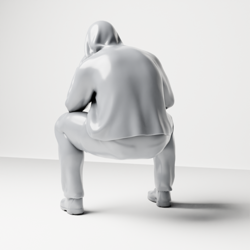 Diorama model making product photo 8: Kneeling figure: crouching man in a hooded jacket with hand on face (a163)
