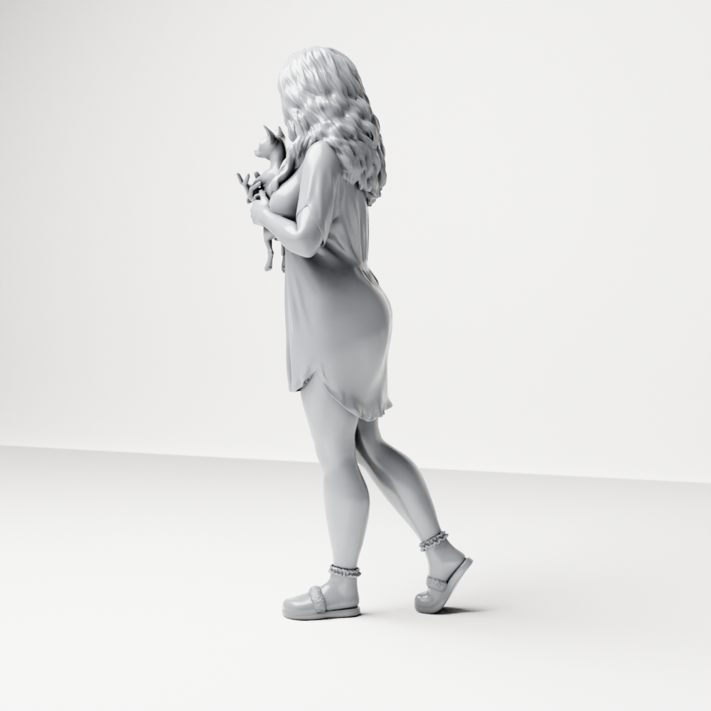 Diorama model-making product photo 7: Standing figure: woman in a nightgown holding a small dog (a183)