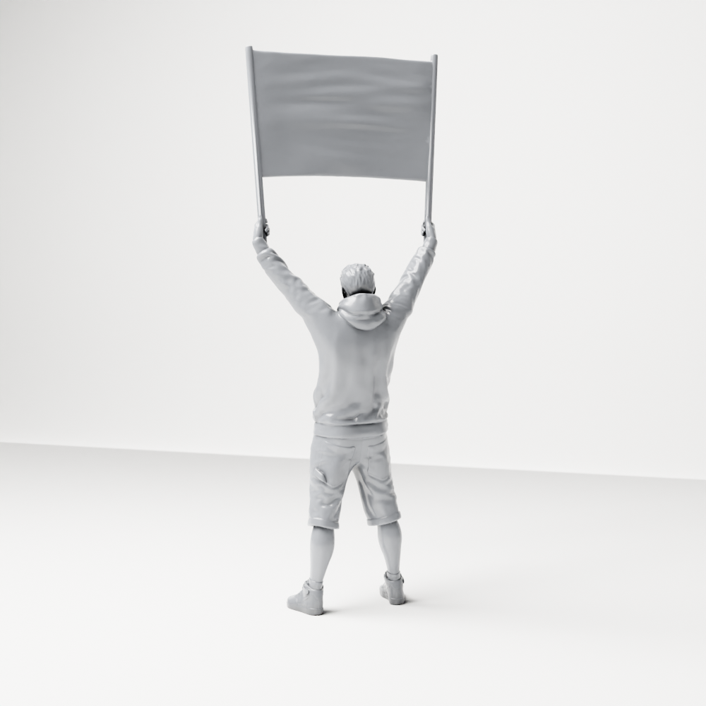 Diorama model-making product photo 7: Standing figure: Protester with blank banner, hoodie & shorts (a178)