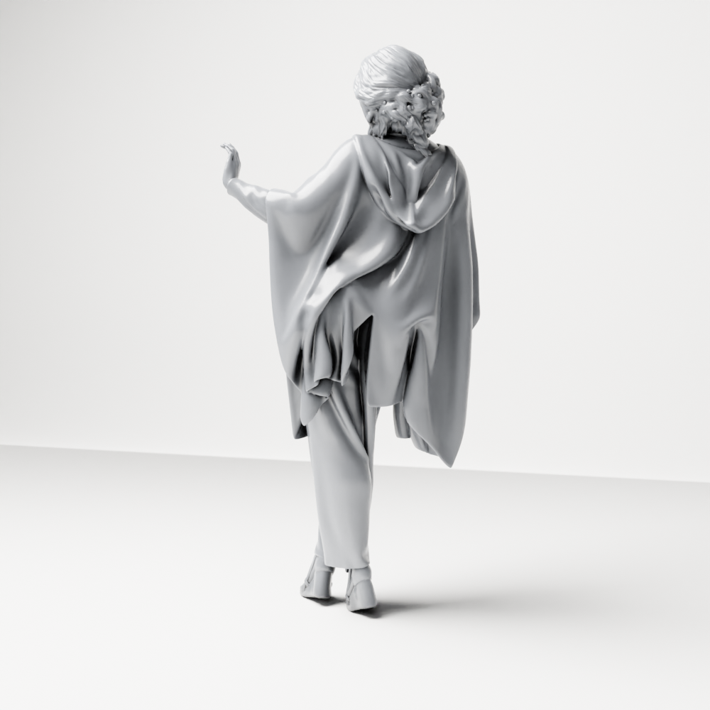 Diorama model making product photo 7: Standing female figure with raised hand, flowing cape & platform shoes (a174)