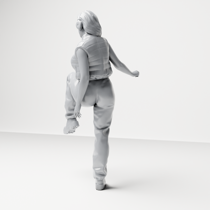 Diorama model making product photo 8: Standing female figure with headphones and a loose streetwear outfit, leg raised (a164)