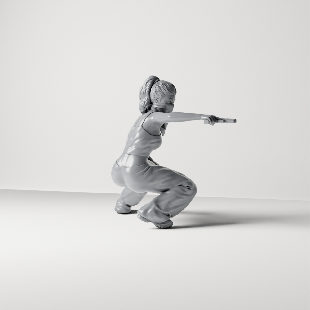 Diorama model making product photo 8: Diorama figure: Crouching masked woman with pistol, crop top & baggy trousers (a169)