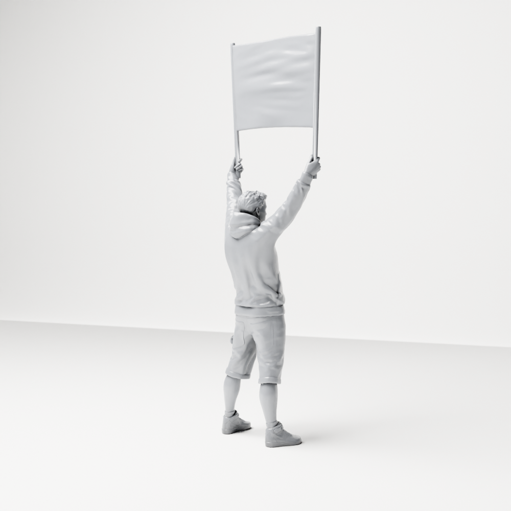 Diorama model-making product photo 8: Standing figure: Protester with blank banner, hoodie & shorts (a178)