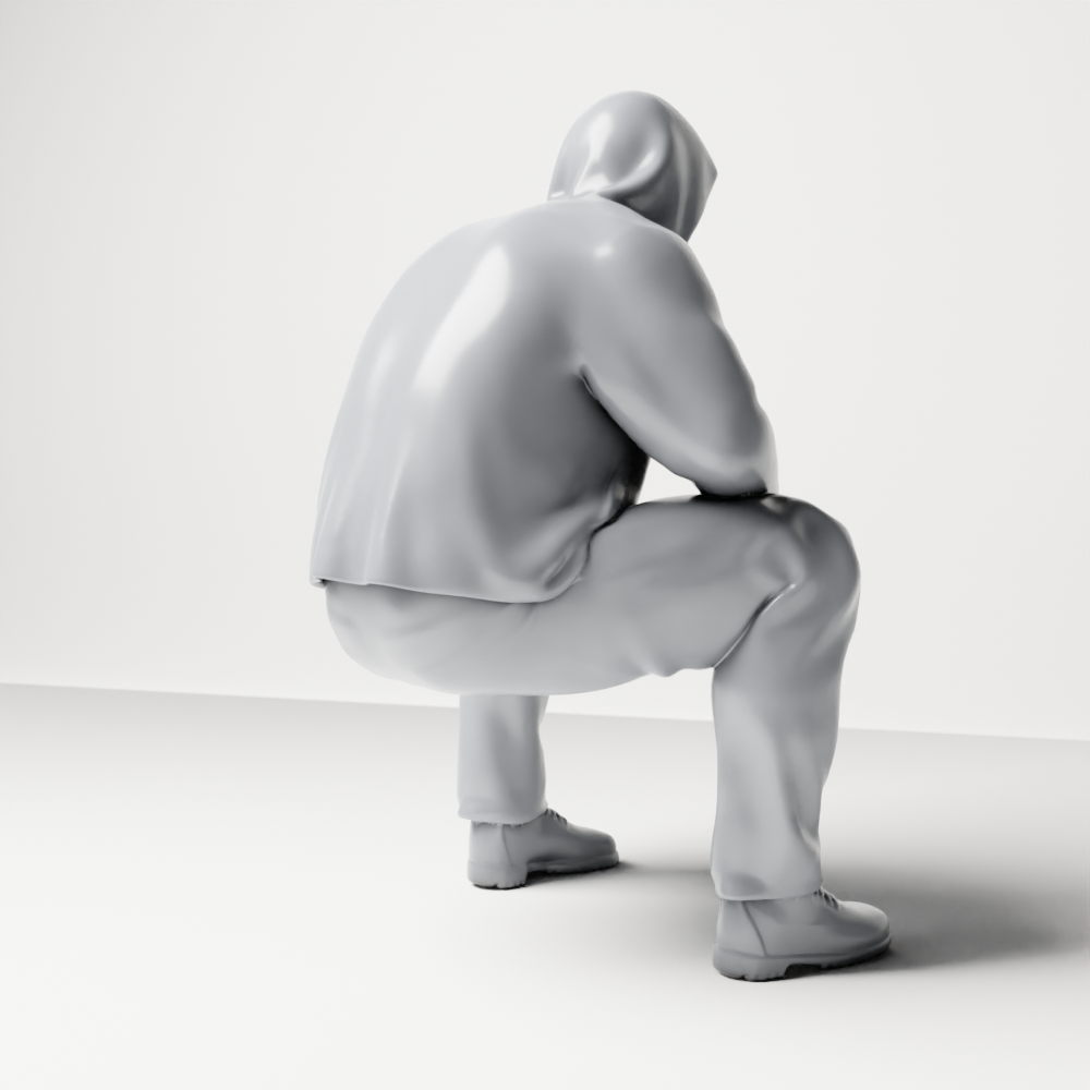 Diorama model-making product photo 9: Kneeling figure: Crouching man with hoodie and hand on face (a163)