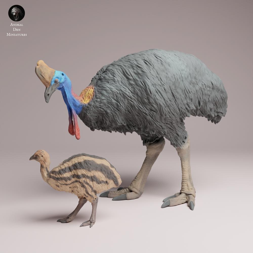 Product photo Tabletop 28mm Lord of the Print (LotP) 3: Wildlife animal figure: Cassowary with chick (26_05_09)