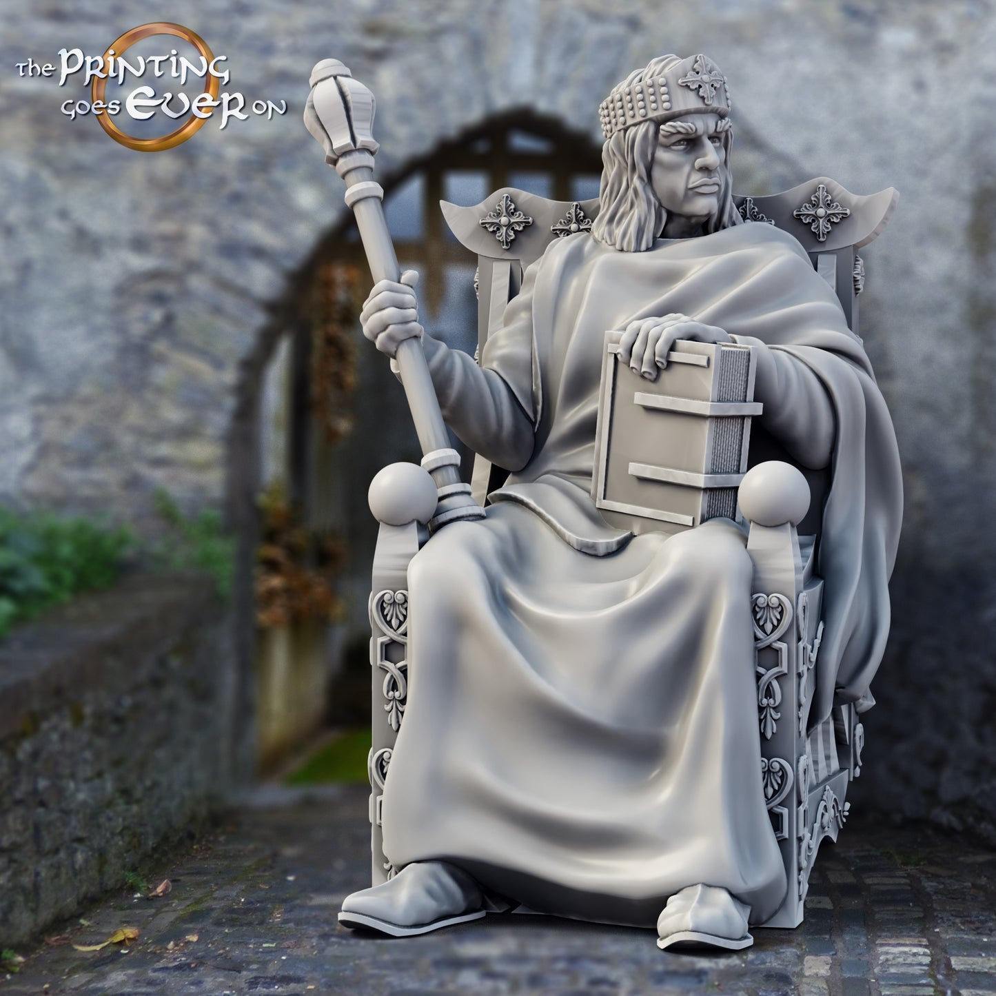 Product photo medieval historical figure 75mm Scale The Printing Goes Ever On (TPGEO) 0: Medieval knight figures rulers with throne - 75mm models - Medieval city