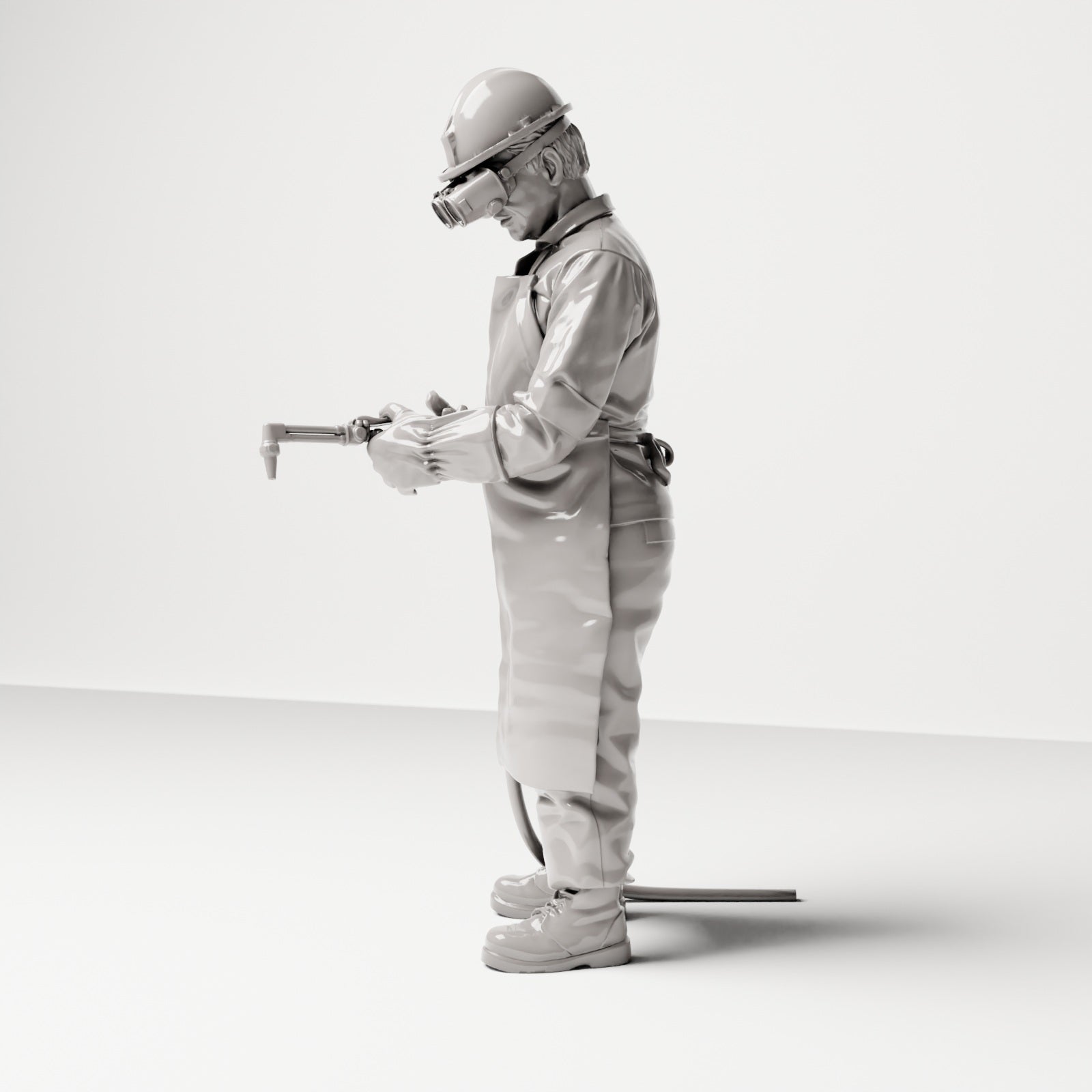 Stehende Figur: Schweißer mit MIG-Schweißbrenner & Schutzkleidung (Ref. Nr. 481) - Studioansicht 2 mit Schweißgerät und Schlauch