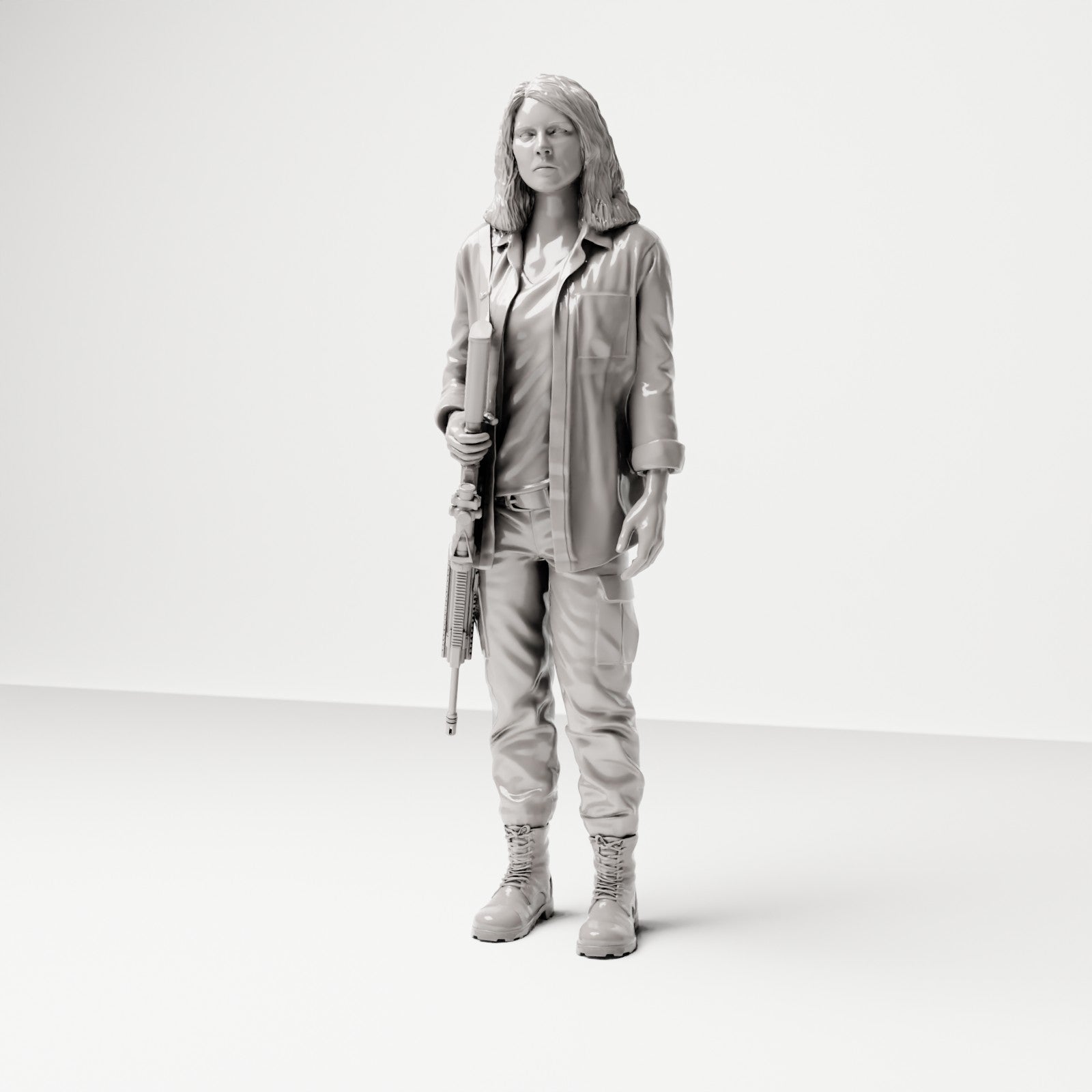 Stehende Figur: Frau mit Gewehr vor dem Körper (Ref. Nr. 496) - vollständige Studioansicht 1