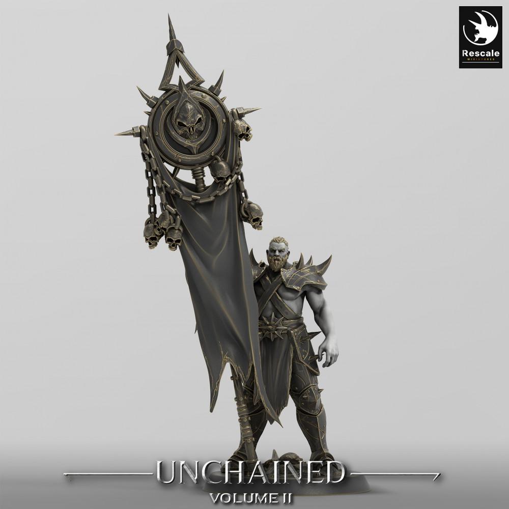 Product photo Tabletop 28mm Lord of the Print (LotP) 0: Tabletop miniature: Dark Banner Bearer - Death Knight, Cult Champion and Leader (24_05_C7)