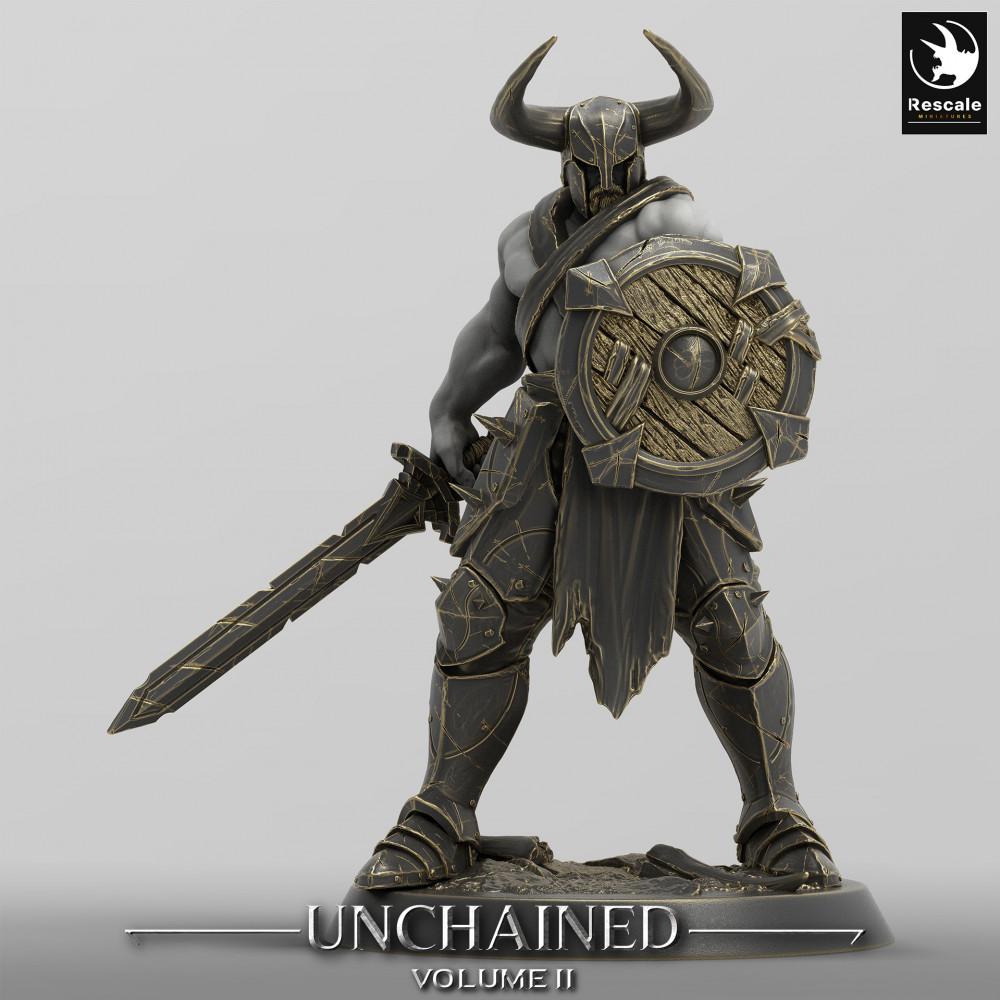 Product photo Tabletop 28mm Lord of the Print (LotP) 0: Fantasy Figure: Horned Warrior with Round Shield and Sword, Dark Knight, Shield Fighter (24_05_C13)