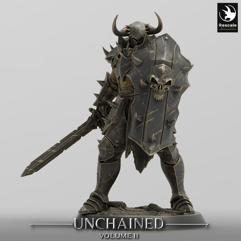 Product photo Tabletop 28mm Lord of the Print (LotP) 0: Tabletop miniature: Dark Knight / Hell Knight, elite shield bearer with tower shield and broadsword (24_05_E15)
