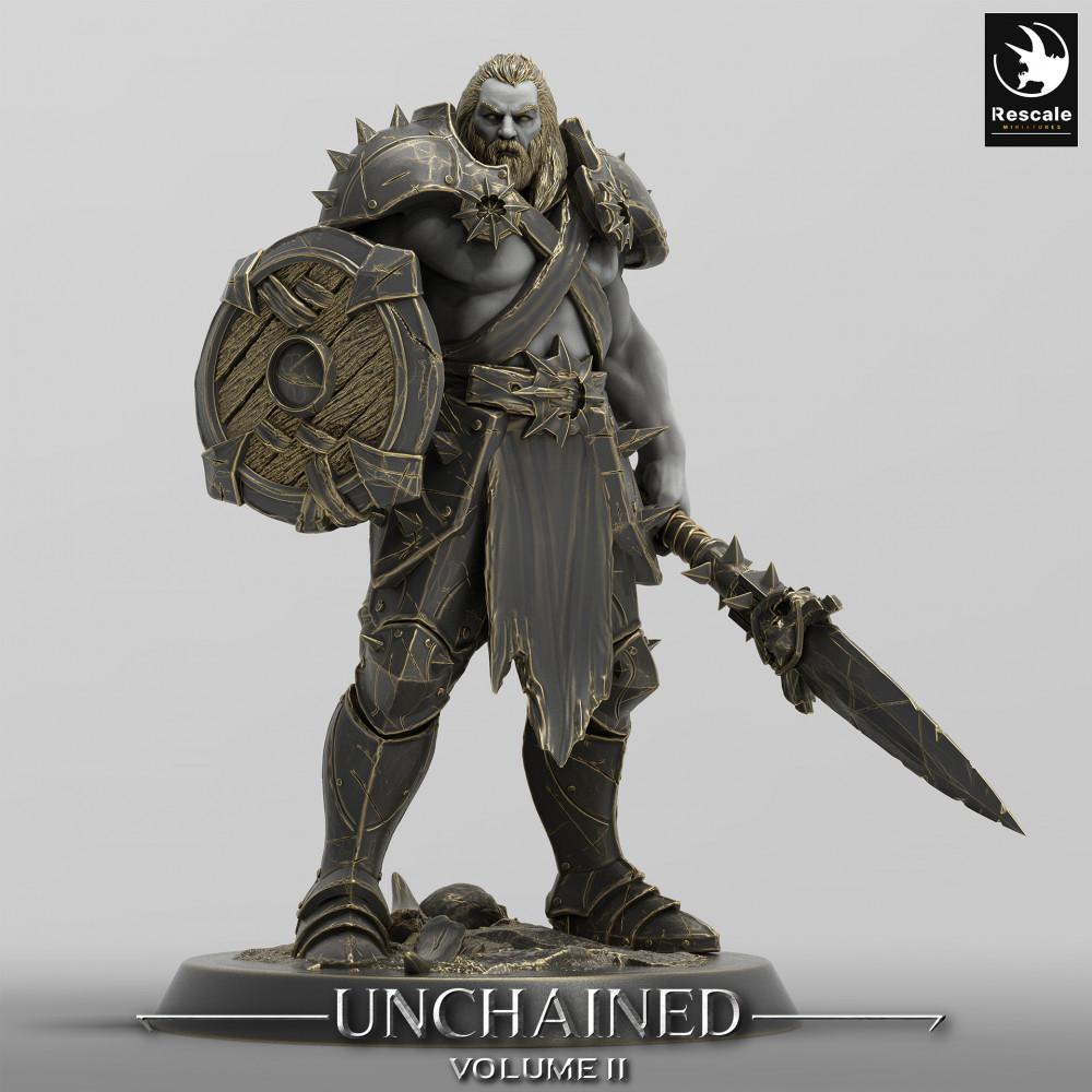 Product photo Tabletop 28mm Lord of the Print (LotP) 0: Tabletop miniature: Barbarian shield warrior with round shield and broadsword, Nordic warrior, berserker, warlord, leader (24_05_C12)