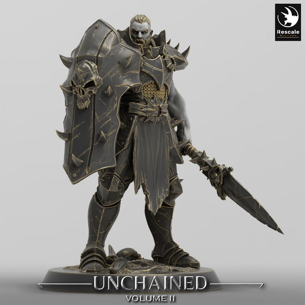 Product photo Tabletop 28mm Lord of the Print (LotP) 0: Tabletop miniature: Dark Knight / Chaos Warrior - Dark Knight, shield & sword, plate armor, spiked shield with skull ornament, boss model (24_05_E13)