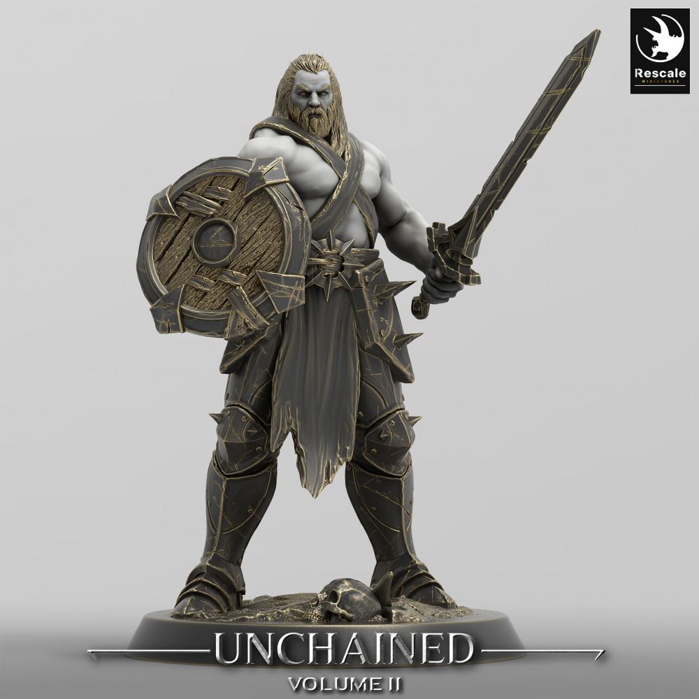 Product photo Tabletop 28mm Lord of the Print (LotP) 0: Fantasy Figure: Barbarian Warrior Berserker with Sword and Round Shield, Nordic Warlord (24_05_C15)