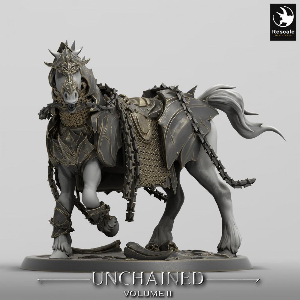 Product photo Tabletop 28mm Lord of the Print (LotP) 0: Tabletop miniature: Unleashed Hellsteed - Demonic Warhorse, armored battle steed, cursed cavalry mount (Nightmare Warhorse) (24_05_S)