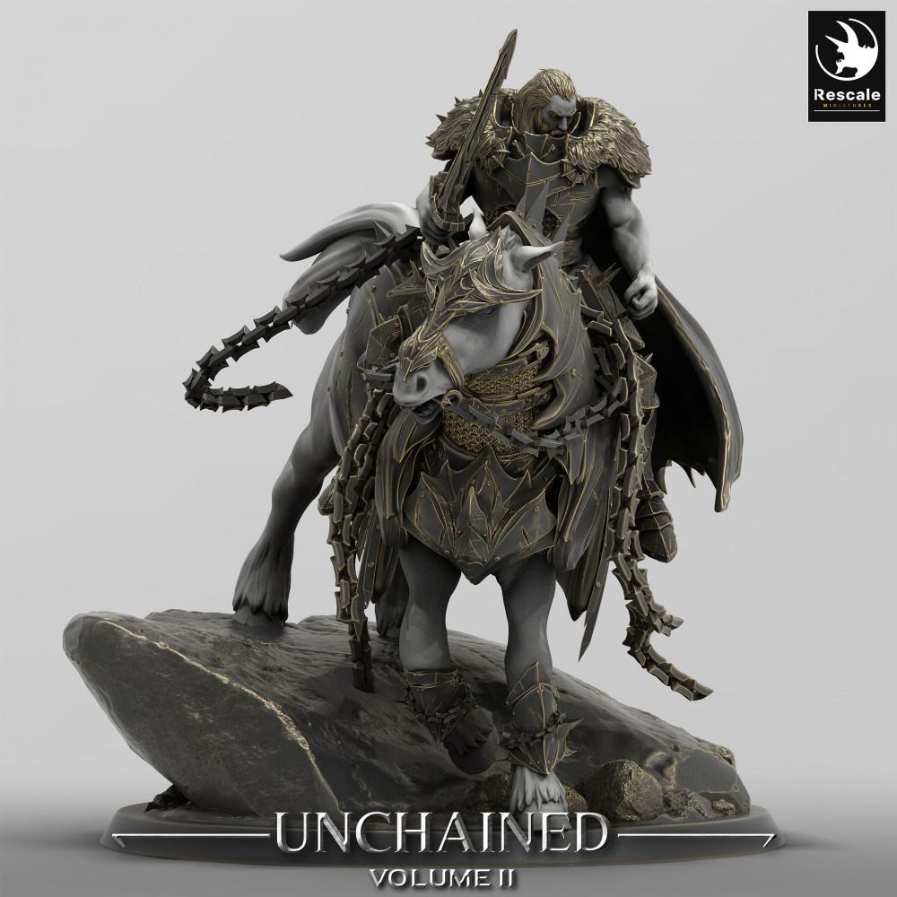 Product photo Tabletop 28mm Lord of the Print (LotP) 0: Tabletop miniature: Dark Knight on armored steed - rider figure with two-handed sword and chain weapon, leader of the dark cavalry (24_05_M)
