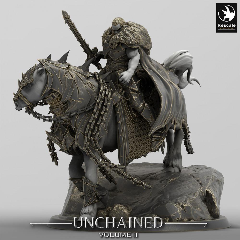 Product photo Tabletop 28mm Lord of the Print (LotP) 0: Tabletop miniature: Dark Knight on armored warhorse - rider figure with two-handed sword and chain weapon, leader of the dark cavalry (24_05_M)