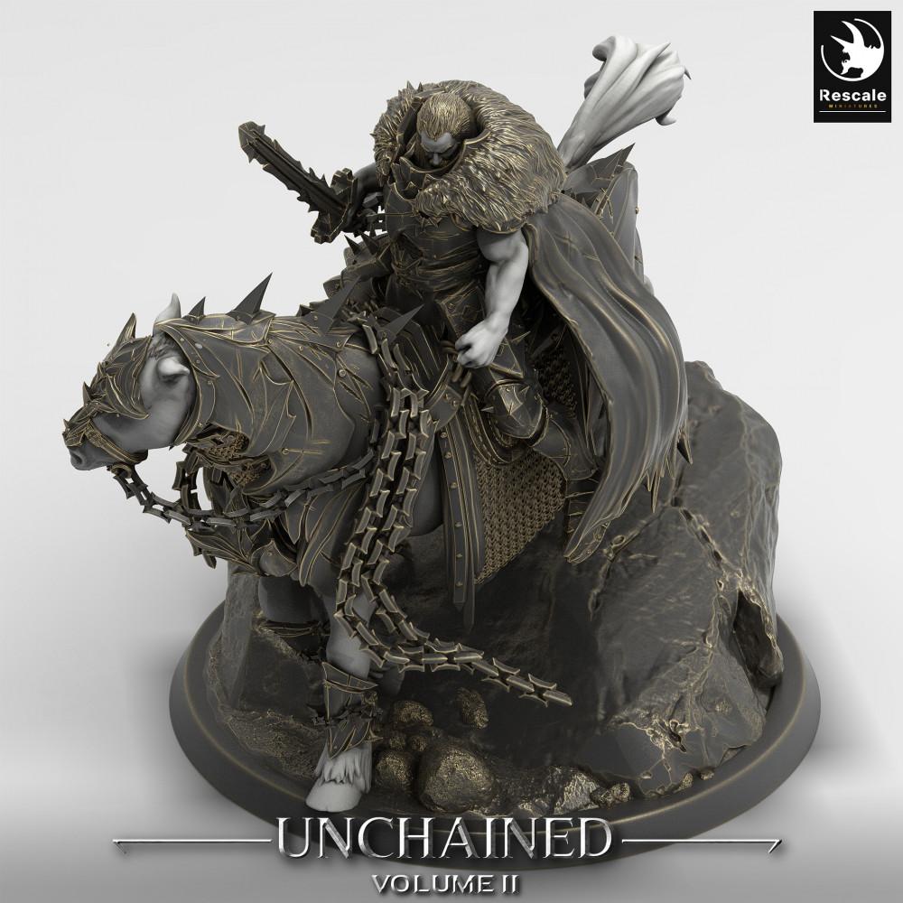 Product photo Tabletop 28mm Lord of the Print (LotP) 0: Tabletop miniature: Dark Knight on armored steed - rider figure with two-handed sword and chain weapon, leader of the dark cavalry (24_05_M)