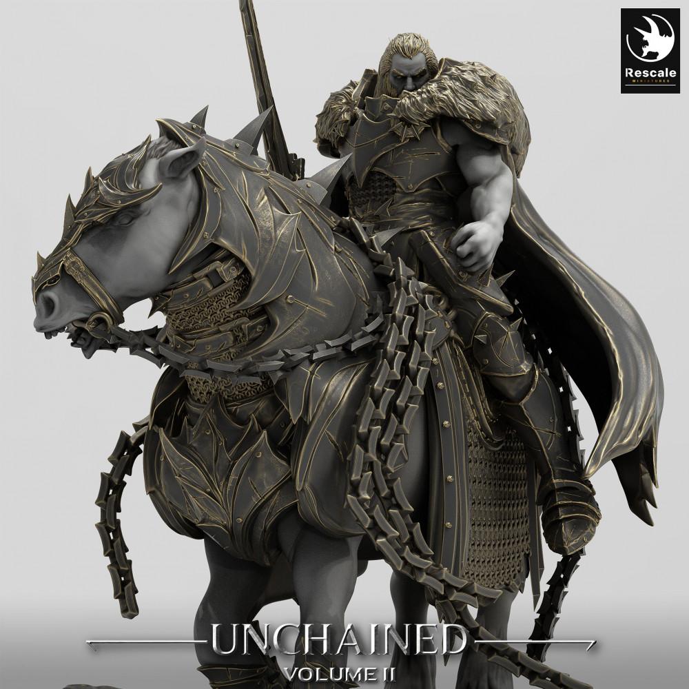 Product photo Tabletop 28mm Lord of the Print (LotP) 0: Tabletop miniature: Dark Knight on armored steed - rider figure with two-handed sword and chain weapon, leader of the dark cavalry (24_05_M)