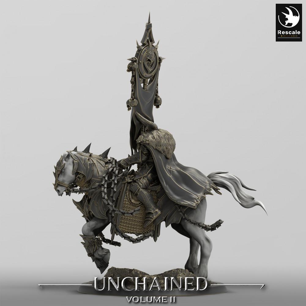 Product photo Tabletop 28mm Lord of the Print (LotP) 0: Tabletop miniature: Death Knight on horseback with war standard, standard bearer, Dark Paladin (24_05_R)