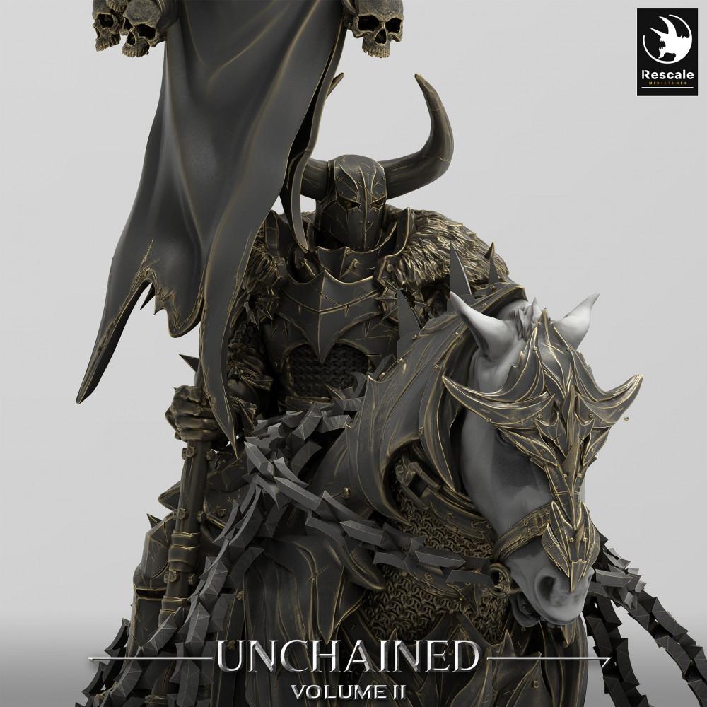 Product photo Tabletop 28mm Lord of the Print (LotP) 0: Tabletop miniature: Death Knight on horseback with war standard, standard bearer, Dark Paladin (24_05_R)