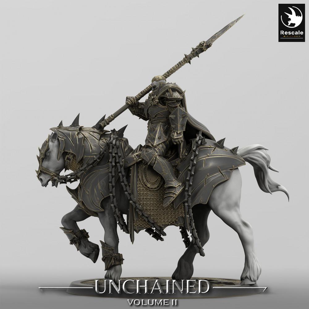Product photo Tabletop 28mm Lord of the Print (LotP) 0: Tabletop miniature: Mounted Dark Paladin, Death Knight Lancer Rider on Armored Warhorse, Dread Knight Heavy Cavalry (24_05_Q)