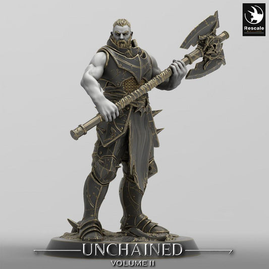 Product photo Tabletop 28mm Lord of the Print (LotP) 0: Tabletop miniature: Barbarian Berserker, axe warrior with two-handed double axe, tribal warrior, warlord, Great Axe Warrior (24_05_E4)