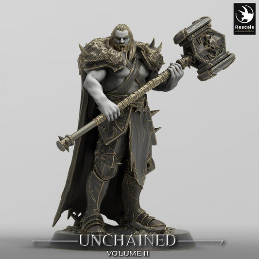 Product photo Tabletop 28mm Lord of the Print (LotP) 0: Fantasy Figure: Barbarian Warlord, Berserker with Two-Handed Hammer, Leader Miniature (24_05_C9)