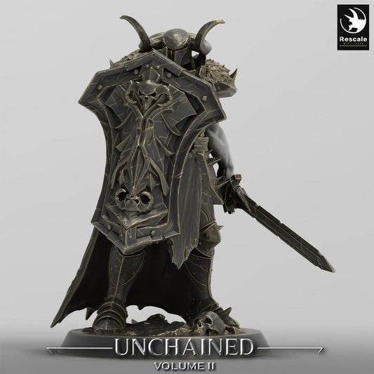 Tabletop photo 28mm Lord of the Print (LotP) 0: Tabletop miniature: Dark Knight with large shield and sword - Cursed Paladin, Demon Knight, Dark Knight Shield Warrior (24_05_D21)