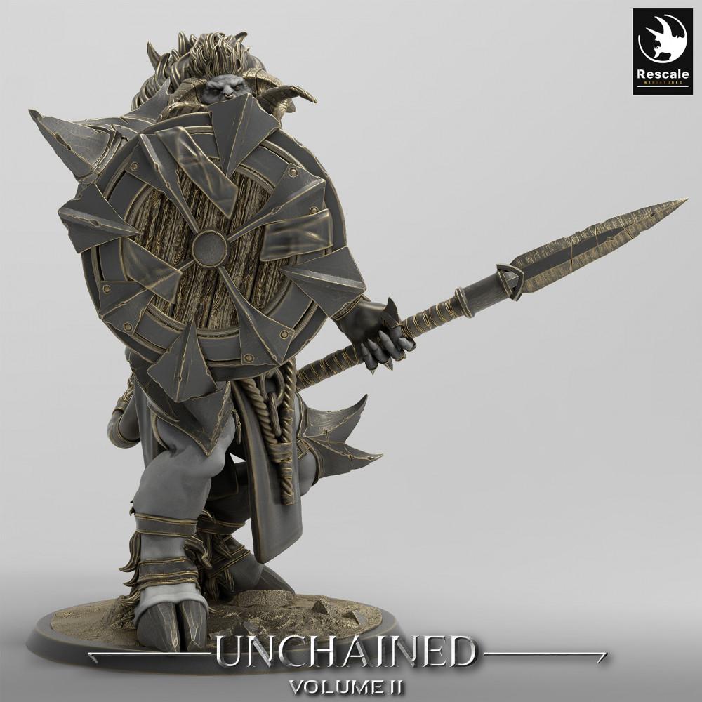 Product photo Tabletop 28mm Lord of the Print (LotP) 0: Fantasy Figure: Minotaur Guardian, Spear Carrier with Round Shield, Beast Warrior - Minotaur Guard (24_05_G2)
